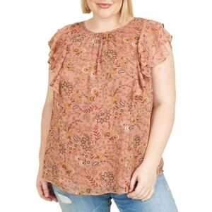 DR2 by Daniel Rainn Women's Elora Blush Pink Floral‎ Flutter Sleeve Popover Top